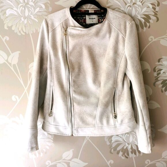 🇪🇸Desigual 46 off-white vegan edgy spring leather Biker jacket - Picture 3 of 8